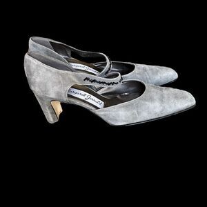Margaret Jerrold Grey Suede Heels with square heel and metallic sheen